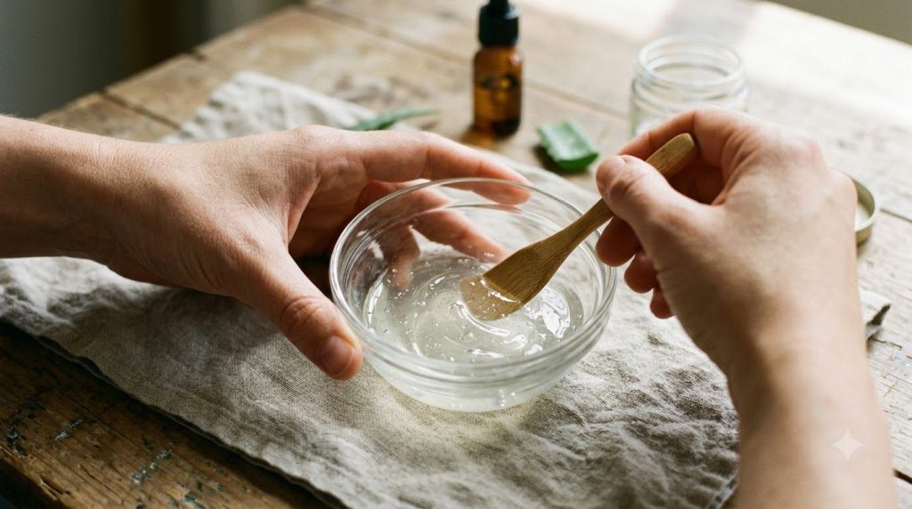 A pair of hands mixing the three ingredients aloe vera gel glycerin vitamin E oil in a small glass bowl with a mini spat