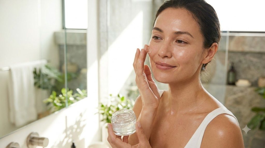 A woman gently applying a small amount of the translucent gel to her face with a soft radiant glow on her skin She is in