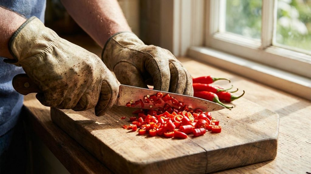 A close-up of a gardener wearing gloves finely chopping red chili peppers on a cutting board preparing them for a natura