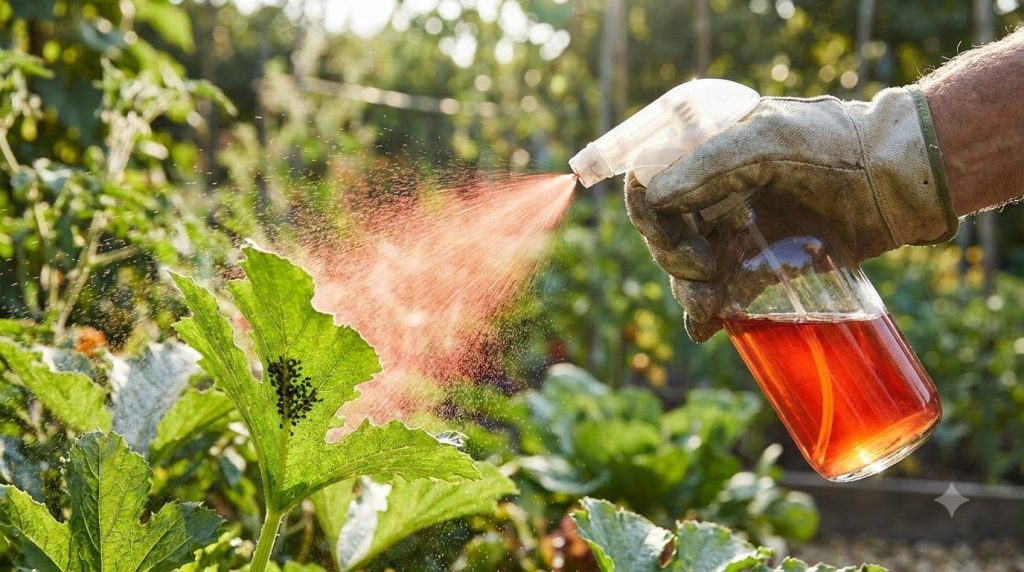 A gardener spraying a homemade red pepper pest repellent onto the underside of a plant leaf targeting a cluster of small
