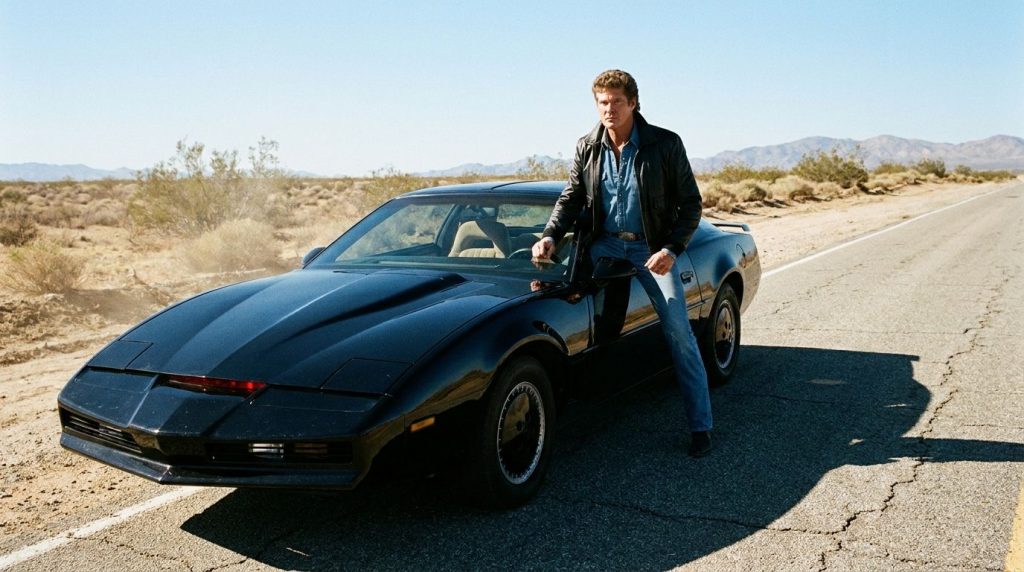 David Hasselhoff as Michael Knight next to K I T T the iconic black Pontiac Trans Am from Knight Rider set against a des