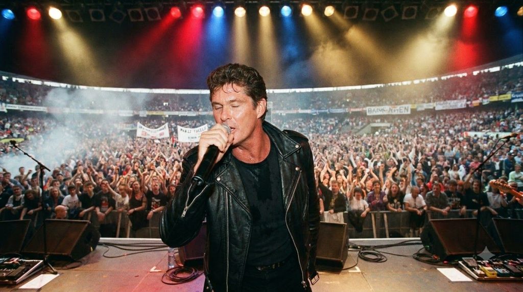 David Hasselhoff performing on stage for a large crowd in Europe holding a microphone with stage lights and an energetic