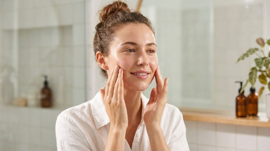 A woman gently patting her face after applying a toner showing radiant and hydrated skin with a soft focus background