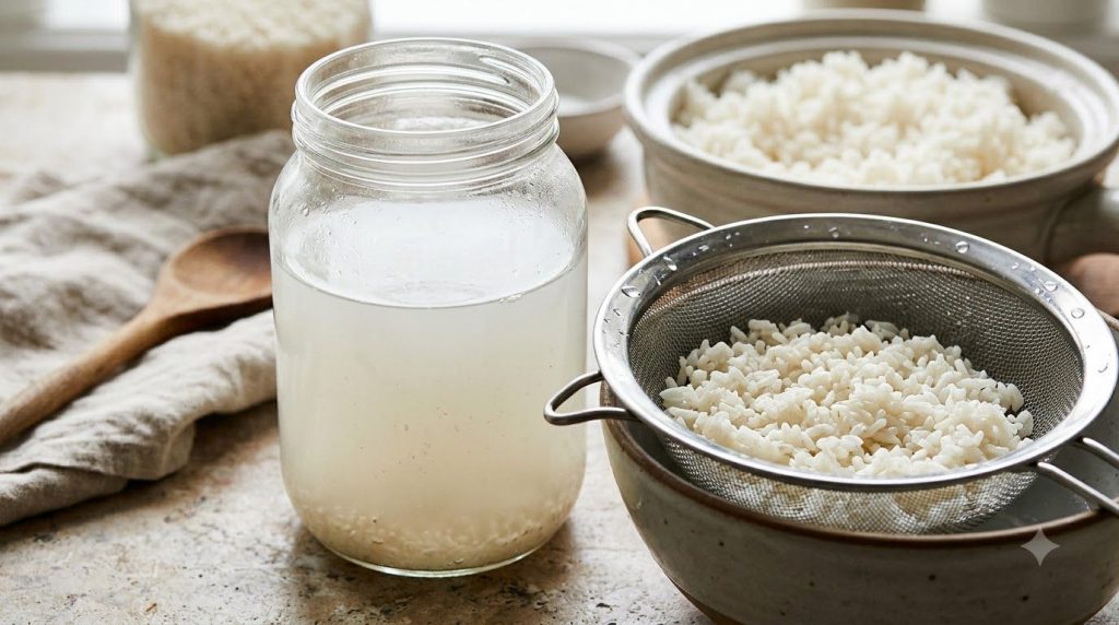 A close-up of a glass jar with cloudy rice water next to a small strainer and a bowl of cooked rice indicating the strai