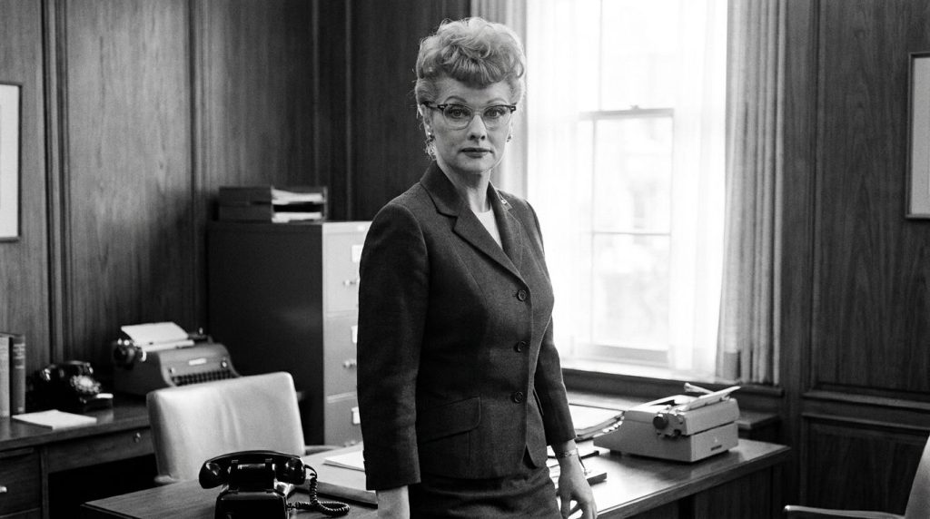 A real archival photo of Lucille Ball in a more formal setting possibly on the Desilu set or in a business meeting showi