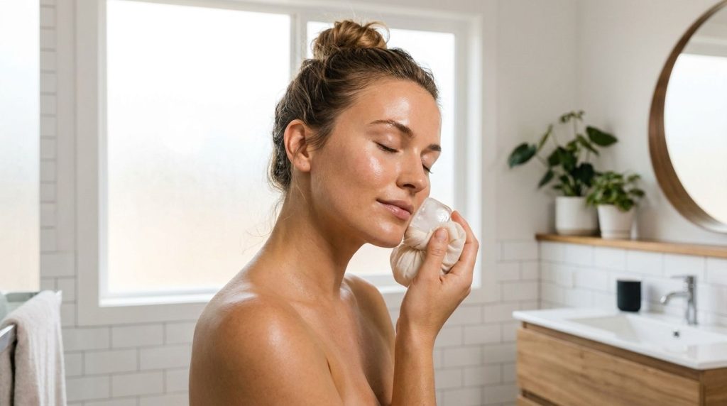 A person gently applying a wrapped beauty ice cube to their cheek showing a refreshed facial expression
