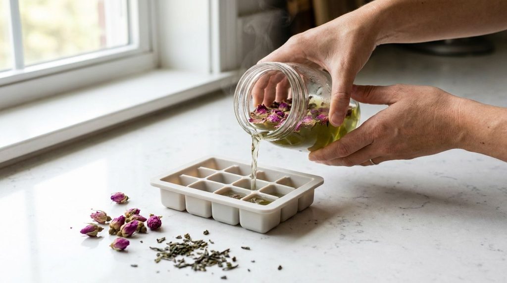 Hands pouring a liquid mixture into an ice cube tray with ingredients like green tea and rose water bottles visible near