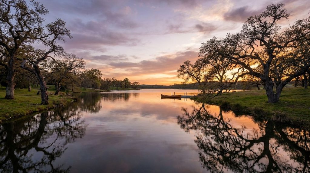 A serene landscape with ancient trees and a calm body of water at sunset symbolizing tranquility and timelessness