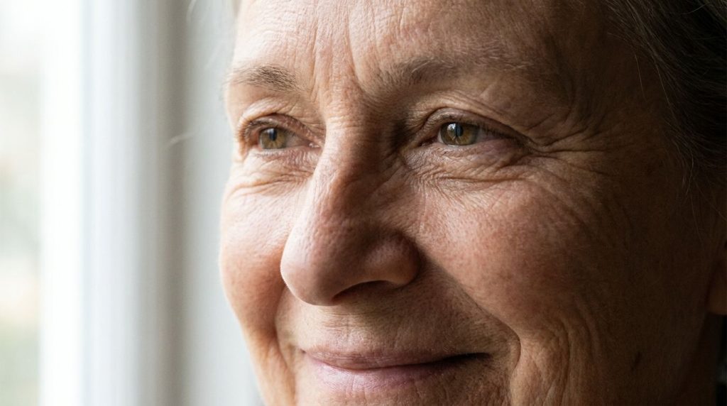 A close-up of a person s eyes crinkling in a genuine gentle smile showing crow s feet symbolizing warmth and happiness