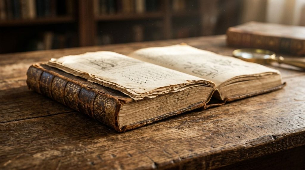 An old weathered book with intricate details open on a wooden table symbolizing knowledge and history