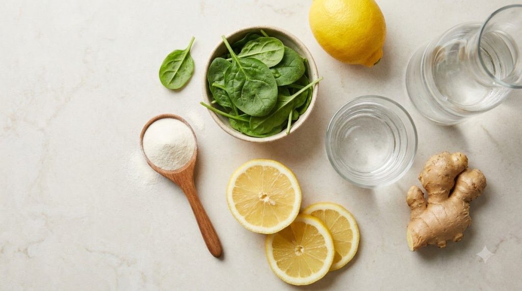 Ingredients for the collagen drink collagen powder fresh spinach lemon water and ginger laid out on a kitchen counter