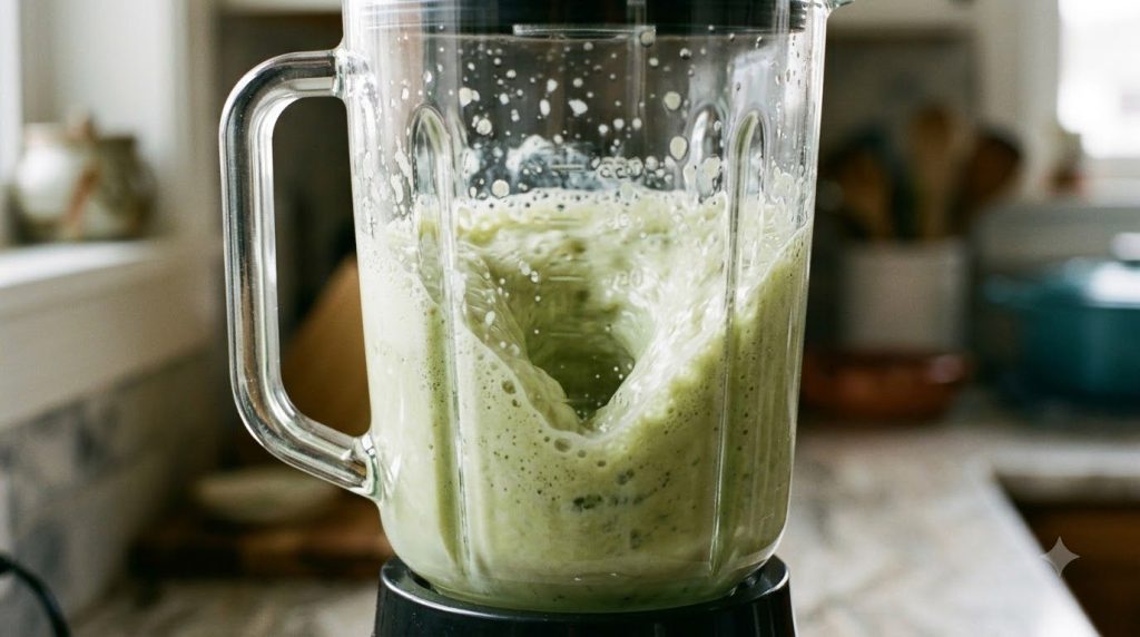 A blender with the green collagen drink mixture being blended showing the pale green liquid swirling