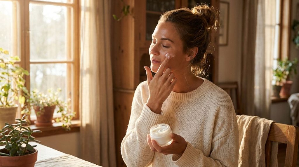 A woman gently applying ointment to her face in a soft natural light setting
