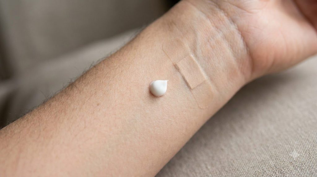 A person doing a patch test on their inner forearm with a small amount of cream