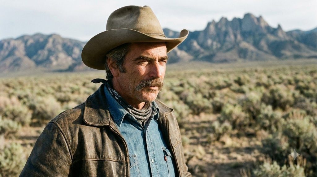A younger Sam Elliott in a classic Western setting perhaps on horseback or leaning against a rustic fence showcasing his