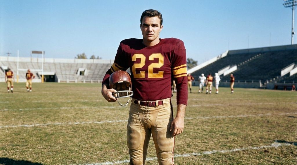 A young Burt Reynolds in a football uniform on a college field looking determined