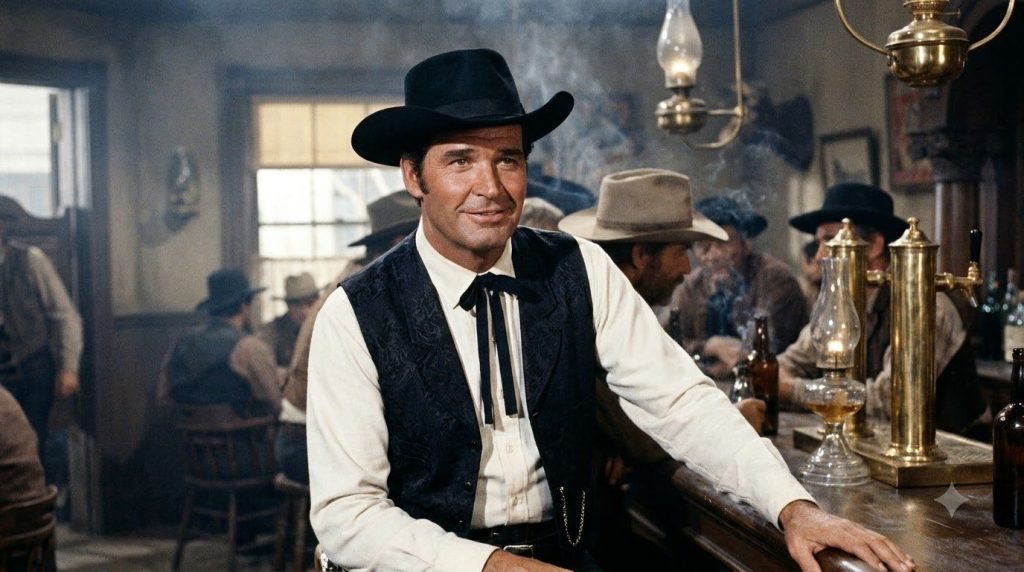 James Garner in his iconic role as Bret Maverick wearing a classic Western gambler s outfit with a vest and hat with a c