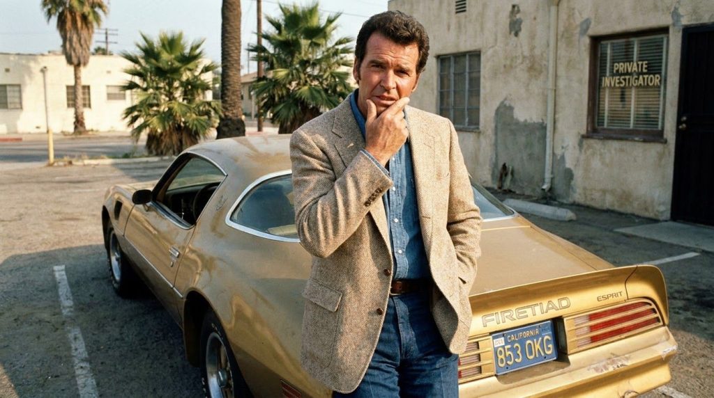 James Garner as Jim Rockford looking thoughtful or slightly exasperated leaning against his gold Pontiac Firebird Esprit