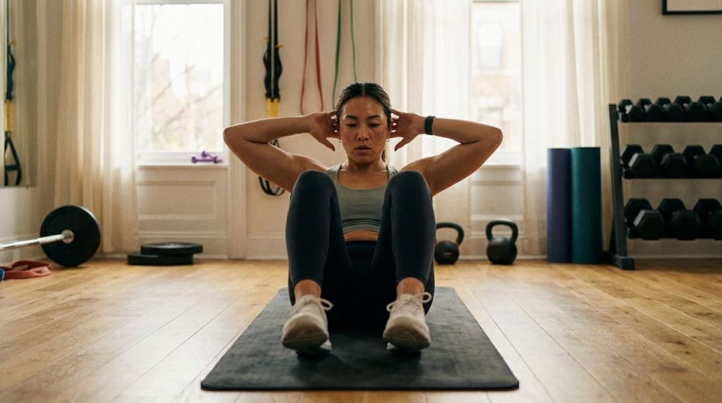 A person performing crunches with proper form engaging the upper abdominal muscles