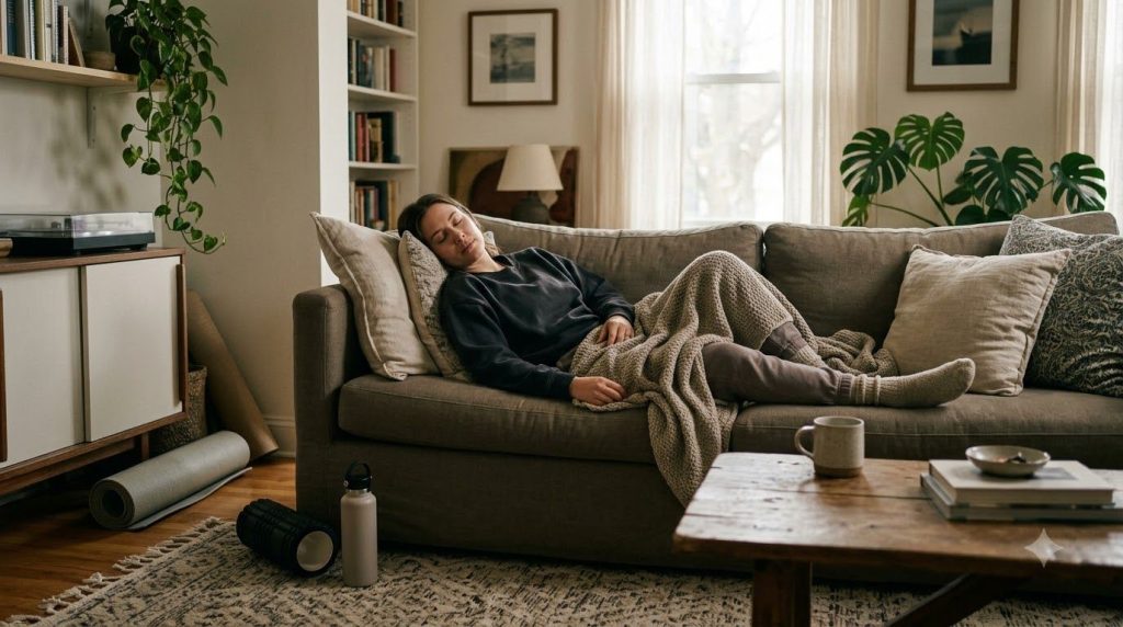 A person relaxing on a couch or stretching gently symbolizing rest and recovery Focus on a calm and restorative atmosphe