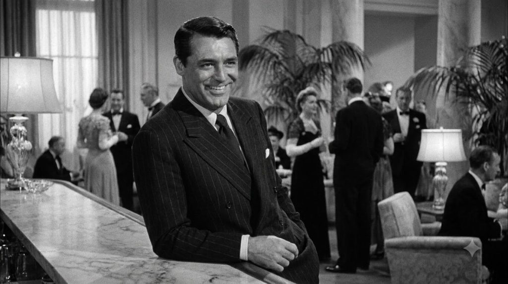 Cary Grant in a classic black and white film still perhaps from a romantic comedy looking debonair and charming