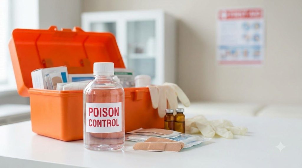 A bottle labeled Poison Control or Emergency Medicine with a subtle warning sign emphasizing the need for immediate medi
