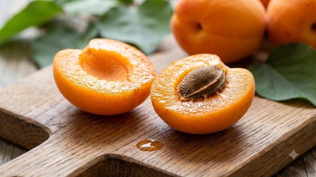 A close-up of a halved apricot with its pit clearly visible The focus is on the edible fruit with the pit as a distinct 
