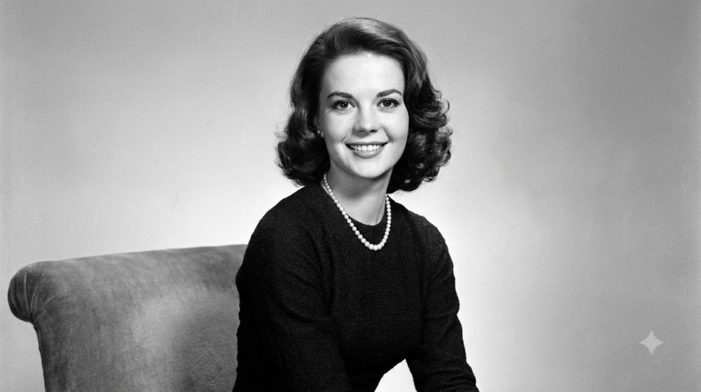 A classic publicity photo of a young Natalie Wood from her early Hollywood career showing her radiant smile and youthful