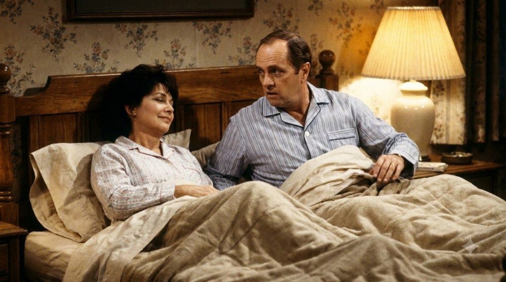 A still image from the iconic final scene of The Bob Newhart Show where Bob Newhart wakes up next to Suzanne Pleshette r