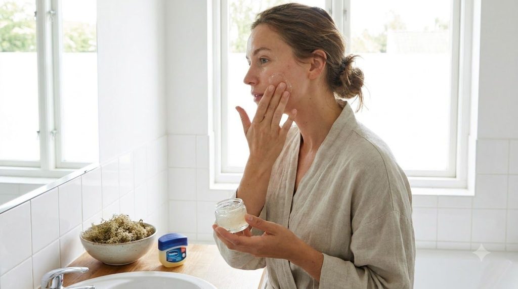 A woman gently applying a small amount of the Vaseline and sea moss mix to her cheek with her fingertips showing radiant