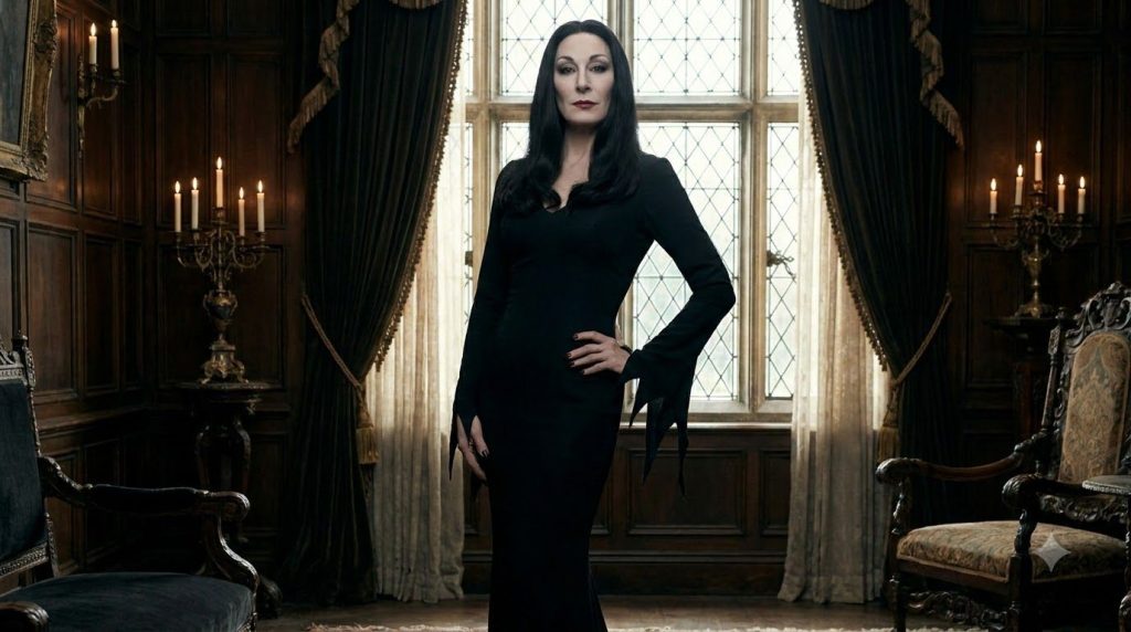 A movie poster or still from The Addams Family showing Anjelica Huston as Morticia Addams in her signature black dress a