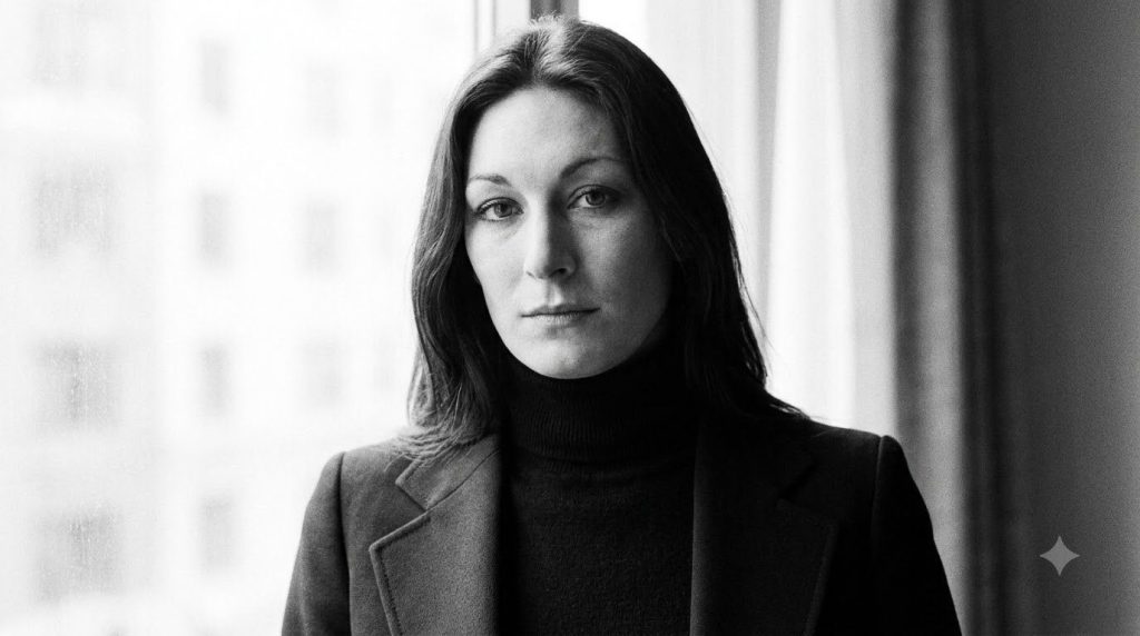 Anjelica Huston in a classic black and white publicity photo from her earlier career perhaps in the 1970s or 80s showcas