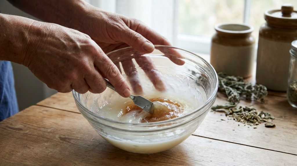 Hands mixing softened Vaseline with sea moss gel in a small glass bowl with a tiny spatula showing the creamy texture be
