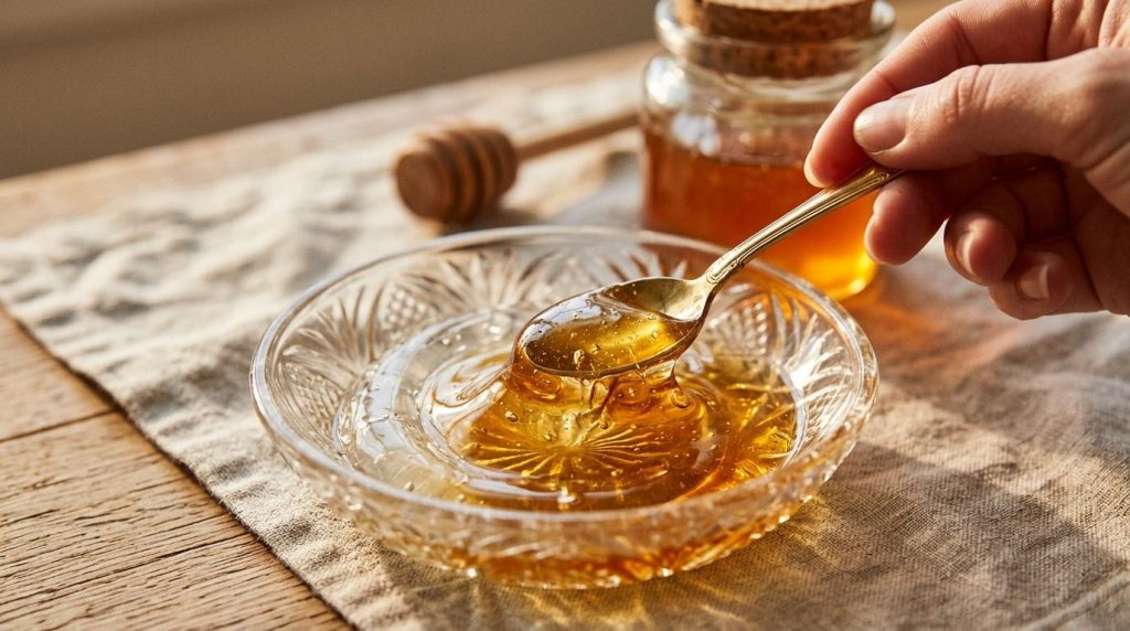 A small spoon mixing honey and petroleum jelly in a tiny glass dish with a jar of honey in the background creating a war