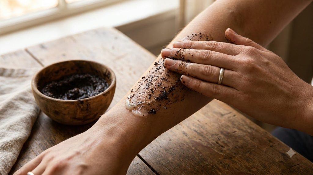 Hands gently massaging a coffee ground and petroleum jelly mixture onto the skin with a small bowl of the mixture in the