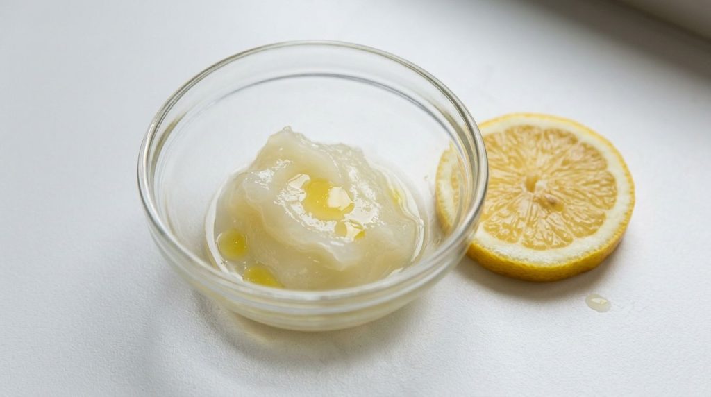 Close-up of a small bowl containing petroleum jelly and a few drops of lemon juice with a lemon slice next to it on a cl