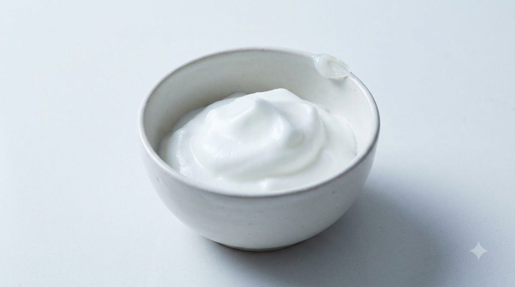 A frothy bowl of whipped egg white with a tiny dab of petroleum jelly on the side ready to be mixed on a white counterto
