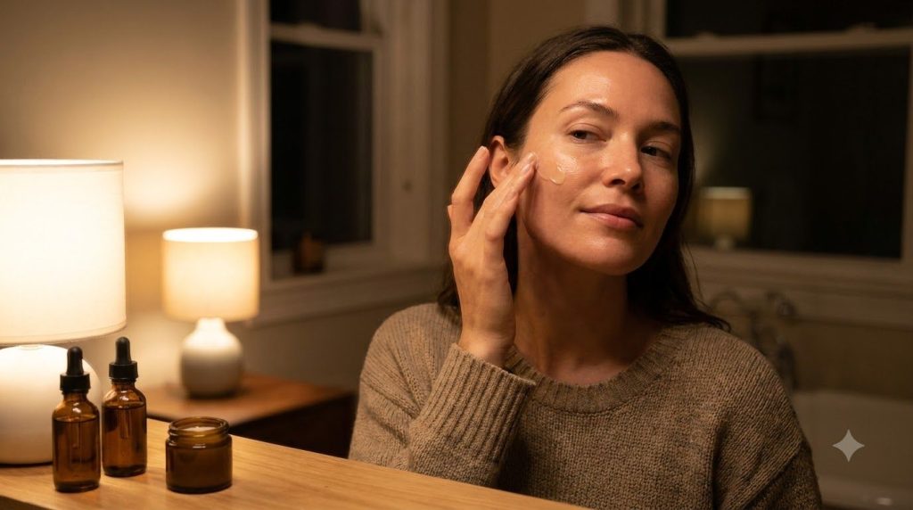 A woman gently applying a small amount of the mixed baby oil and Vaseline onto her clean face before bedtime with soft w