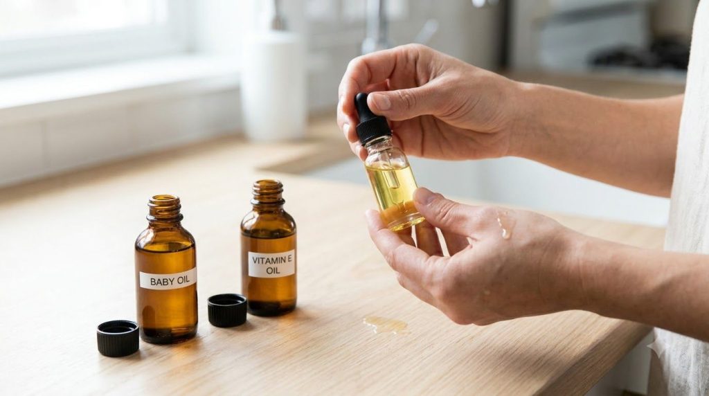 Hands mixing baby oil and vitamin E oil in a small glass dropper bottle with bottles of both ingredients visible on a li