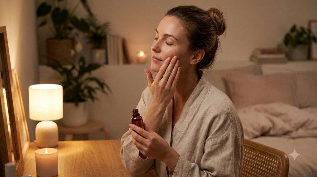 A woman gently massaging a small amount of the oil blend onto her face before bedtime with soft ambient lighting