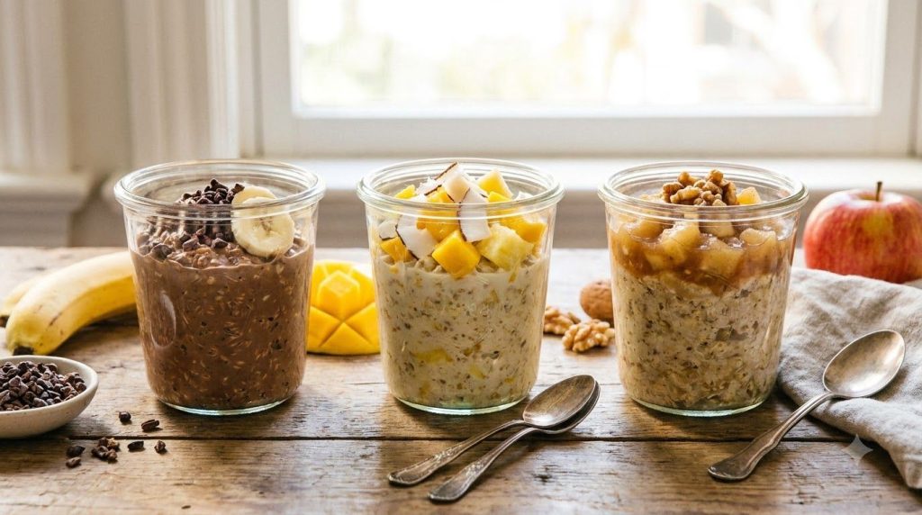 Three clear jars of different flavored overnight oats brightly lit and appealingly garnished One might be chocolate pean