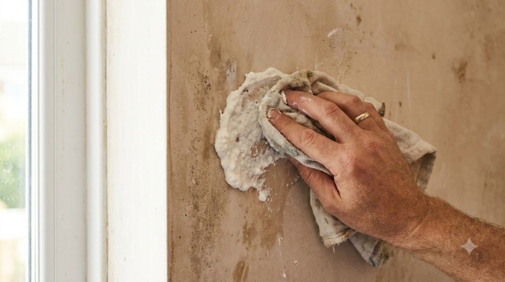 A hand applying a thick white paste made of cornflour and water to a wall marked with dirt or handprints using a soft cl