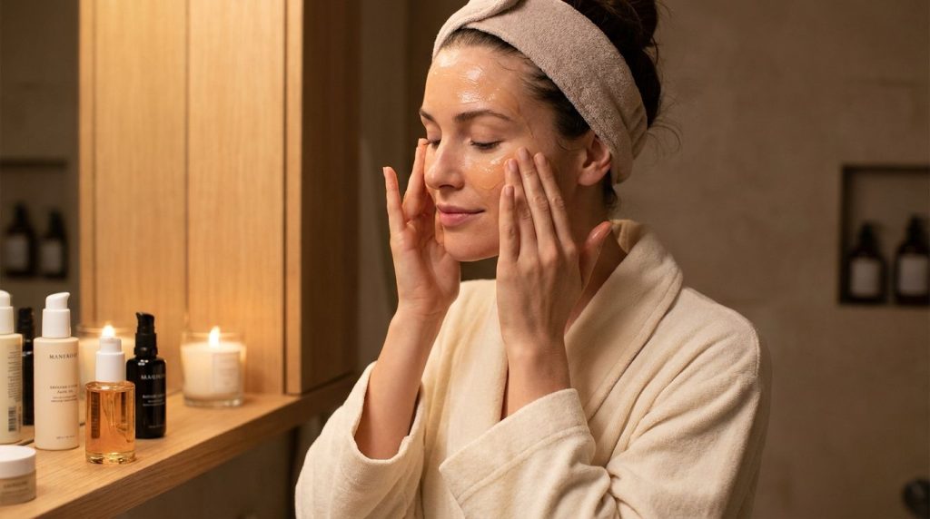 A woman gently massaging a clear oil blend into her face during her evening skincare routine with soft warm lighting