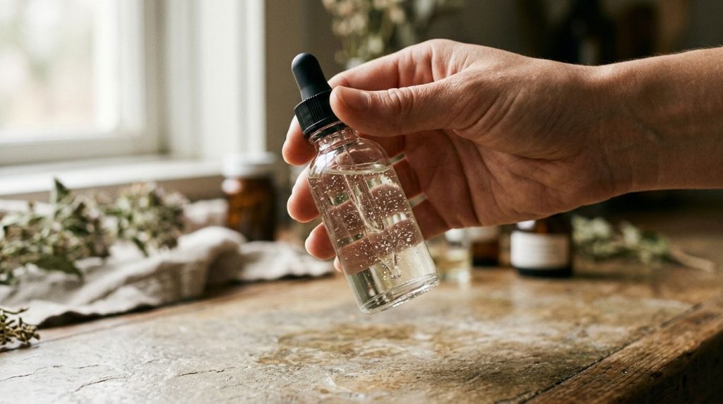 A small glass dropper bottle filled with a clear oil blend with a hand gently shaking it to mix the ingredients