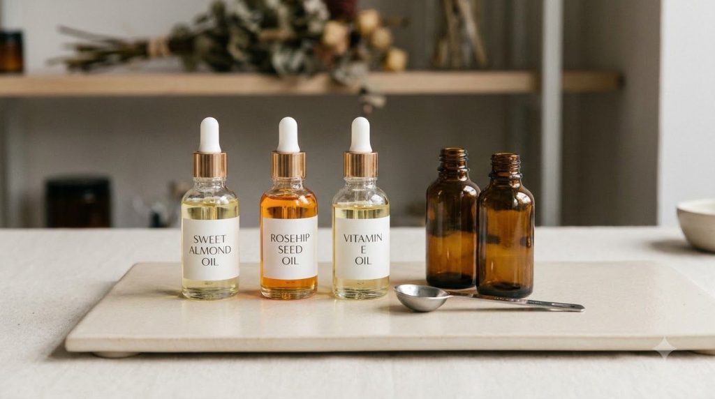 Three small bottles of natural oils sweet almond rosehip vitamin E arranged neatly with a small empty dark glass dropper