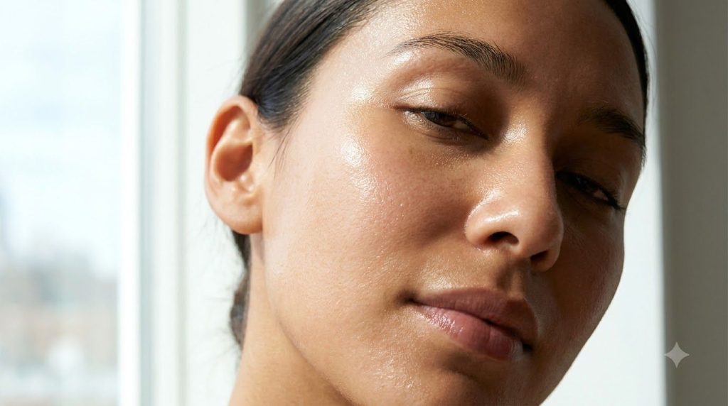 A close-up of a woman s smooth radiant skin after applying a facial oil showing a soft healthy glow Her skin appears hyd