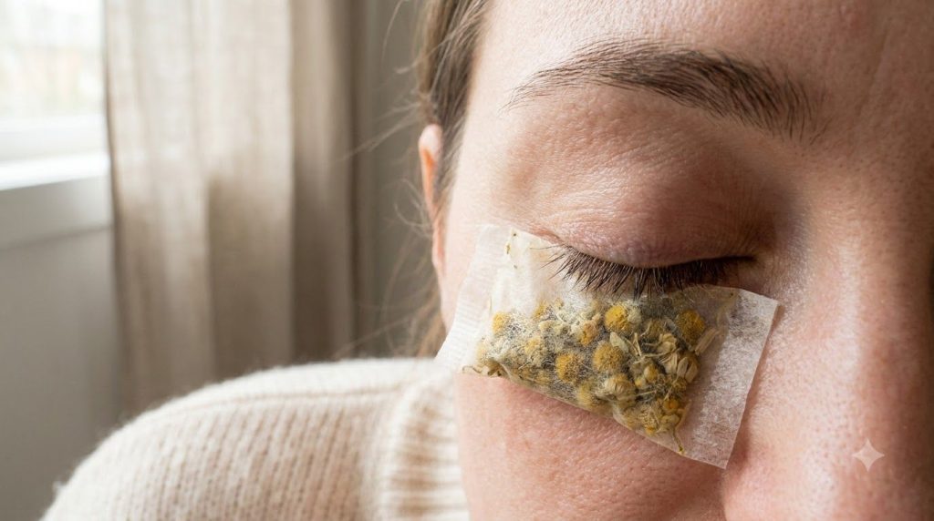 A close-up of a person s closed eye with a chamomile tea bag gently resting on the eyelid and under-eye area showing a c