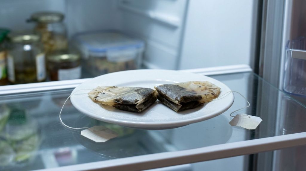 Two steeped and chilled tea bags resting on a small clean ceramic plate in a refrigerator ready for use