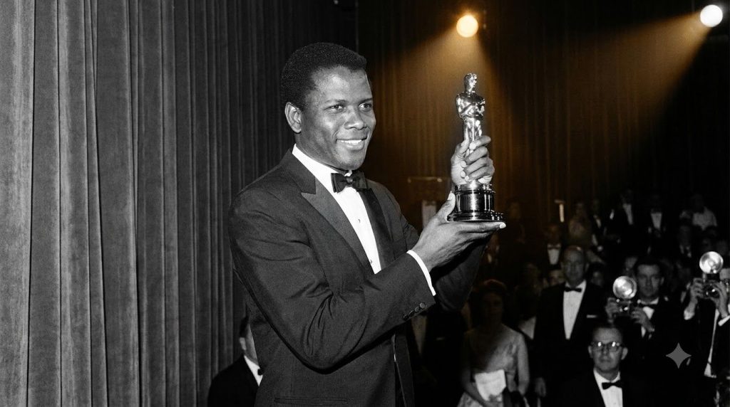 Sidney Poitier accepting his Academy Award for Best Actor for Lilies of the Field in 1964 holding the Oscar statuette an