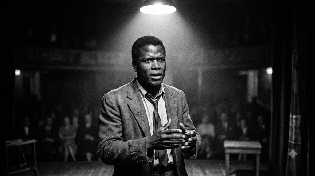 A young Sidney Poitier on stage during an early theater performance displaying intense focus in a black and white archiv